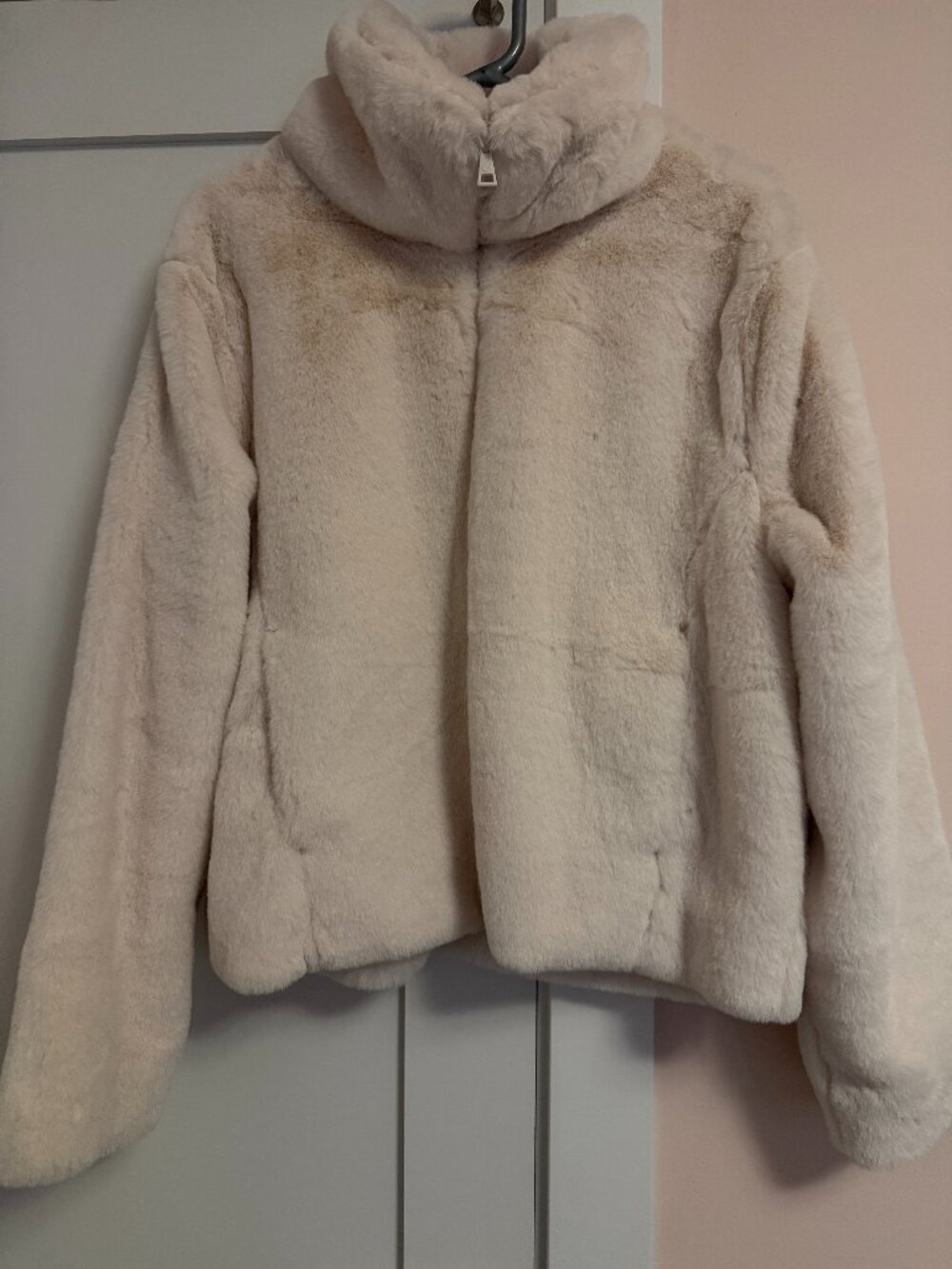 Beyond Yoga Faux Fur Jacket Off White L Zip Front Side Pockets